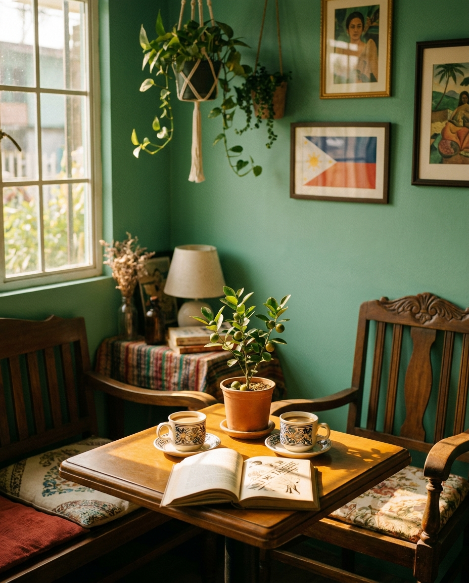 Cozy corner table at Bukas Cafe with coffee, a book and a plant against a jade wall