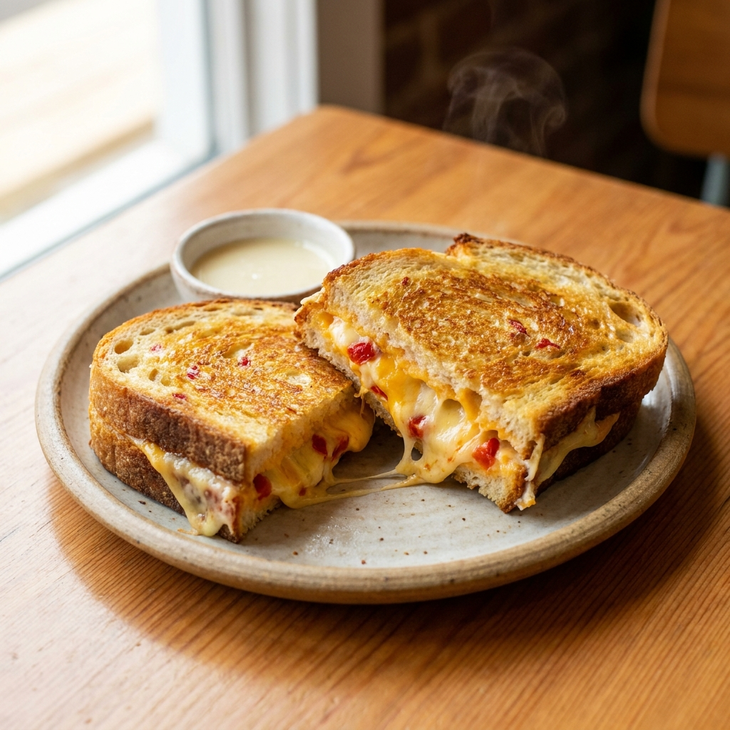 Toasted pimiento five-cheese melt with condensed milk dip
