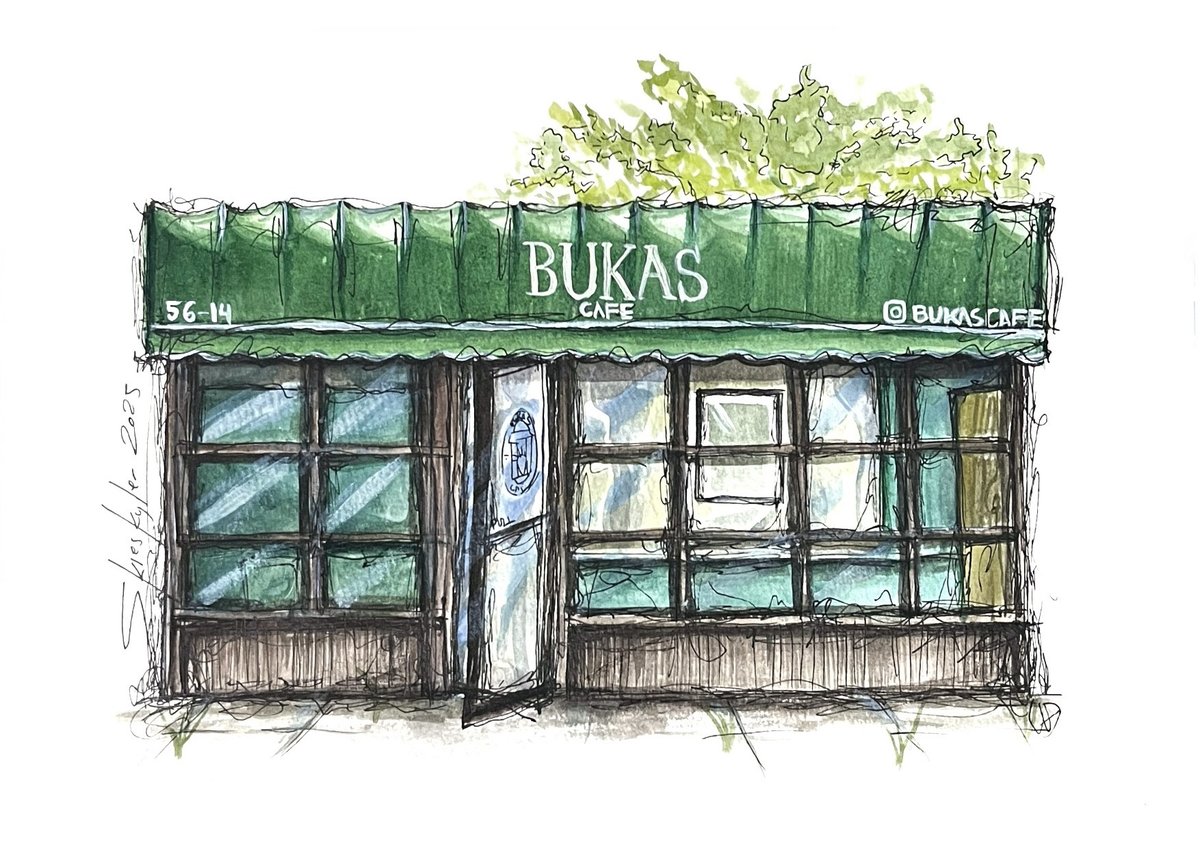 Watercolor illustration of the Bukas Cafe storefront