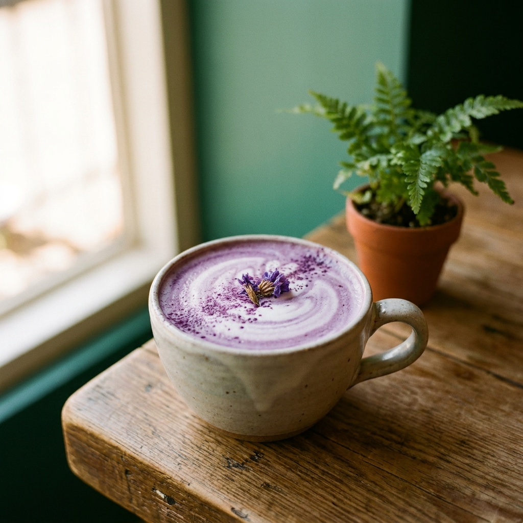Ube purple latte topped with ube cream